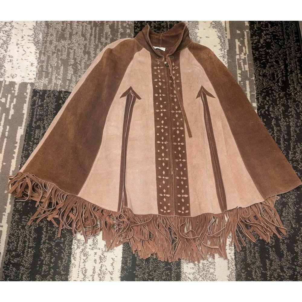 Vintage 70's Genuine Leather Suede Zip Up Poncho Fringe Western Boho Hippy